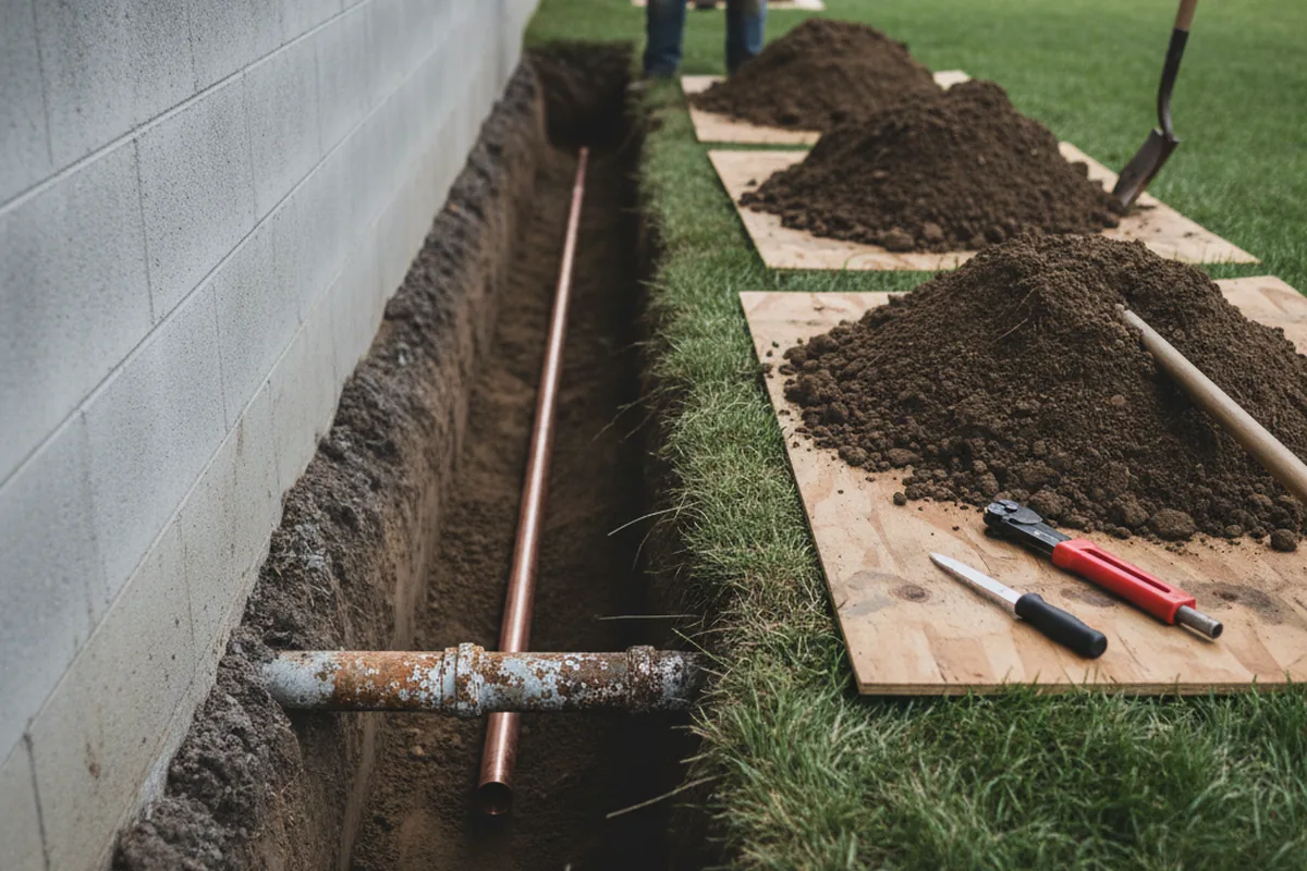 Excavated water line trench during Water Softener Installation in Moody